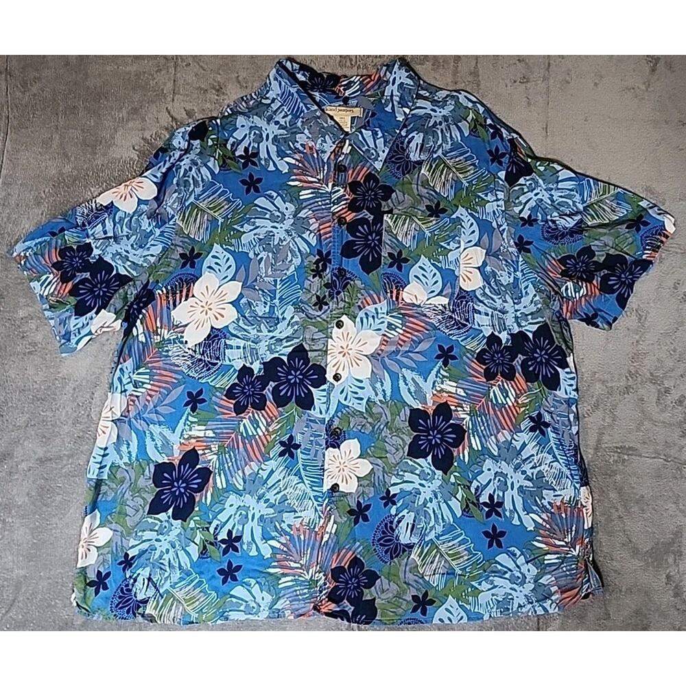 Island Passport Mens Hawaiian Shirt Blue White Green Orange Floral Size 3XL EUC - Picture 2 of 6